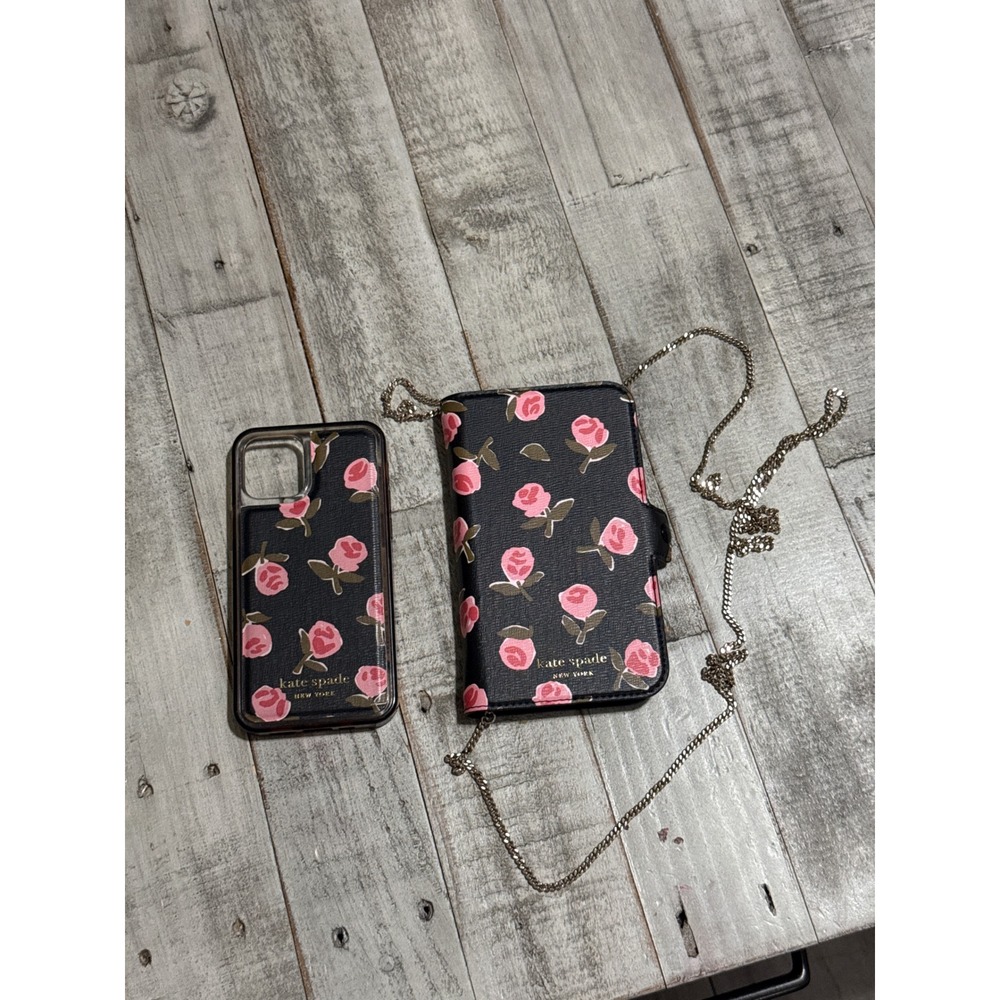 Kate Spade iPhone 11 Pro Magnetic Folio Crossbody Case Black Pink Rose Floral